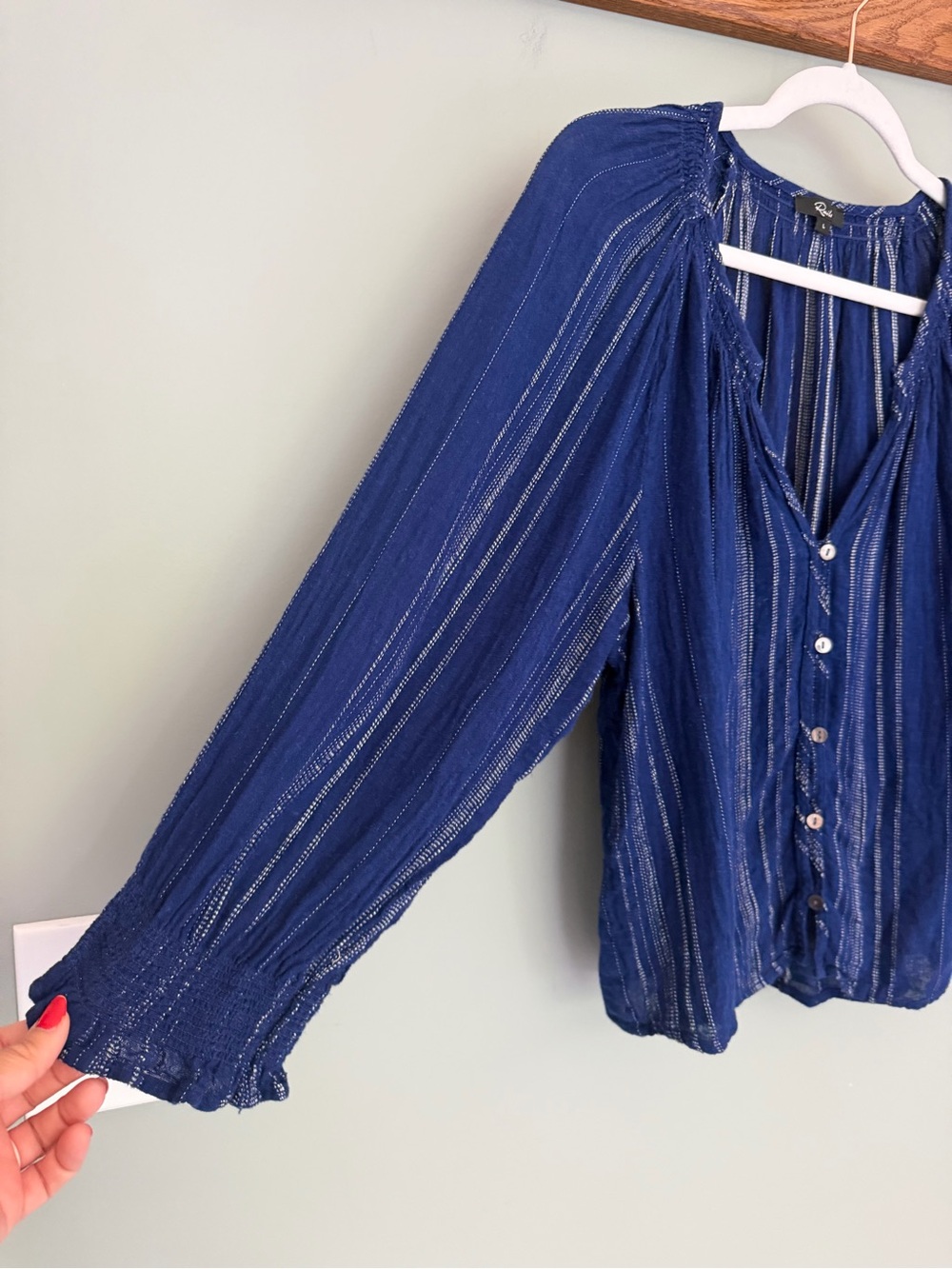 Rails "Mariah" Noja Stripe Blue Linen Blend Shell Button Down Peasant Blouse Top - Picture 4 of 15